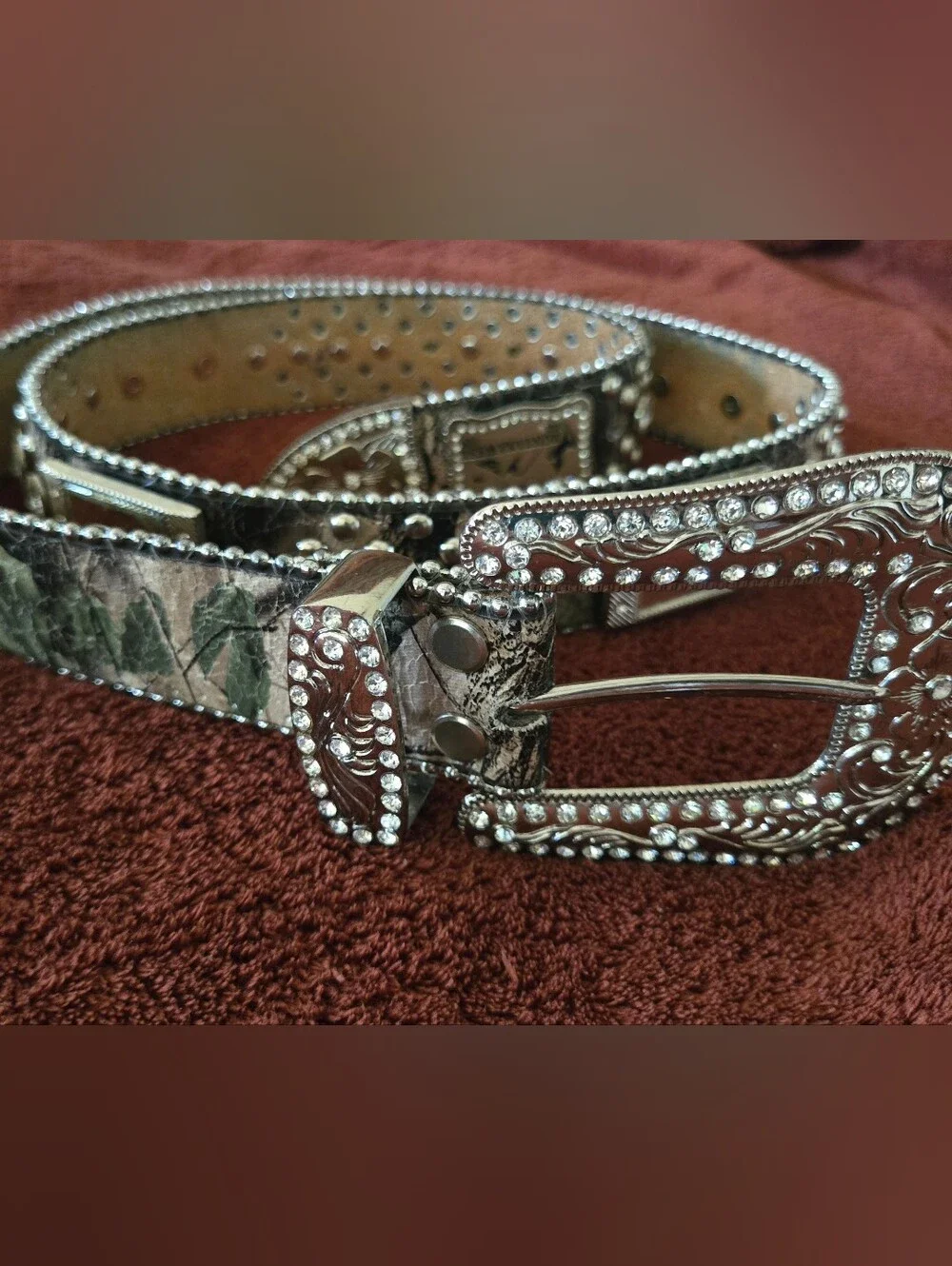 MONTANA WEST Women's Rhinestone Embellished Western Camo Belt. Silver. LG. EUC!